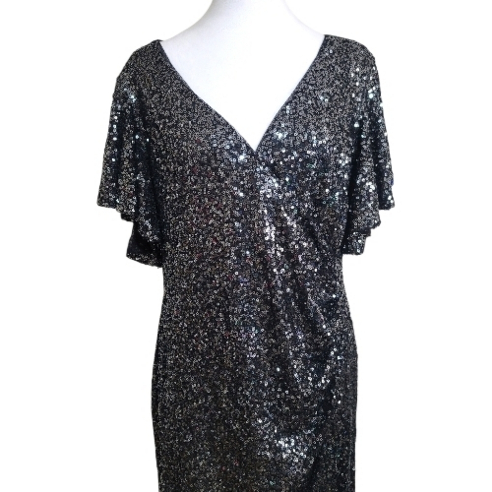 Marina Gunmetal Flutter Sleeve Sequined Formal Evening Dress, 14, Elegant, Party - Picture 11 of 14